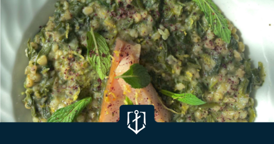 “Ризото” със сорго, пролетни зелении и паламуд с билки